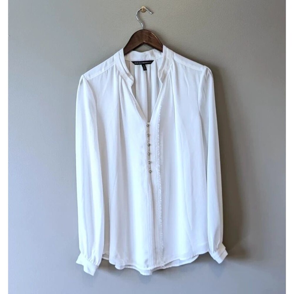 WHBM White House Black Market Blouse 12 Long Sleeve V-Neck Silver Buttons Top